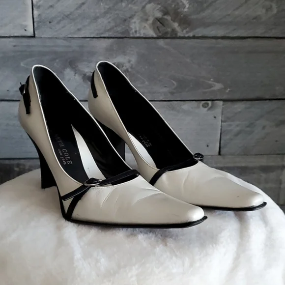 KENNETH COLE NEW YORK IVORY HEELS LEATHER SIZE 6 VINTAGE CLASSIC BLACK WHITE - Picture 3 of 14